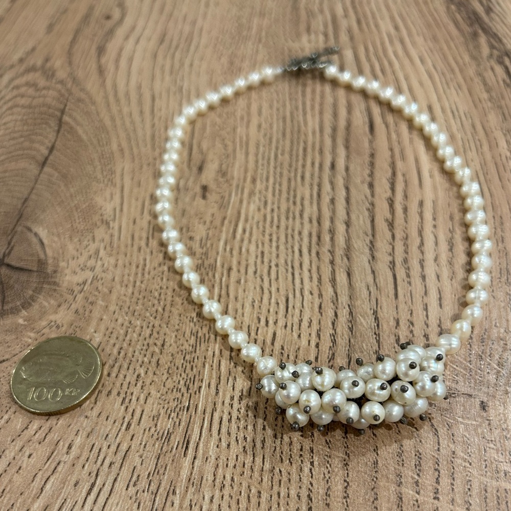 Genuine Pearl Cluster Necklace, 1948, 925 Sterling Silver Findings